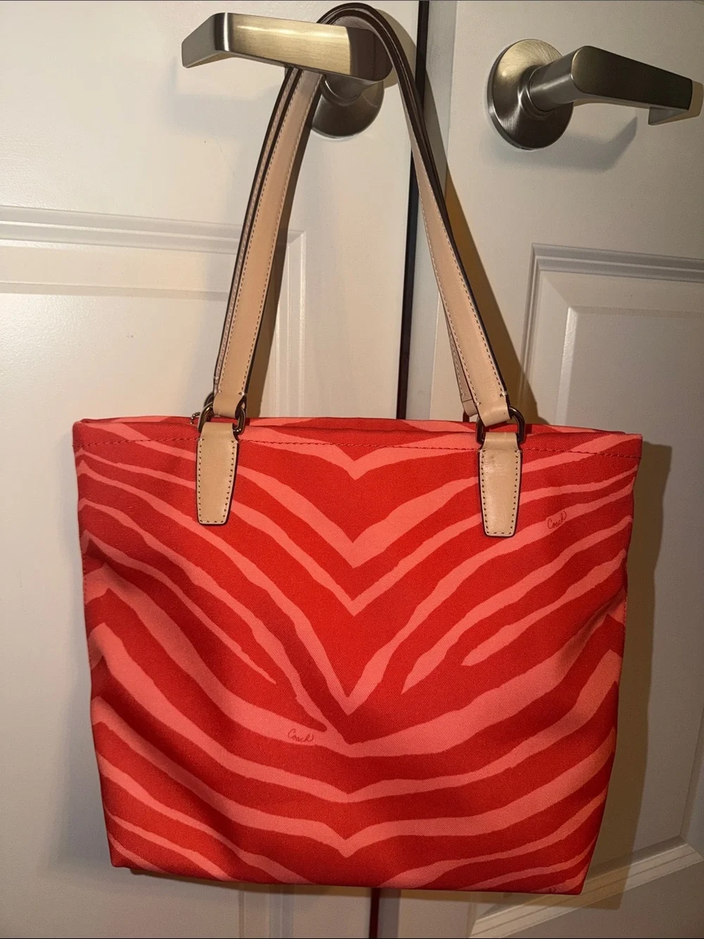 COACH Orange Red Zebra-Print Tote Bag with Tan Straps